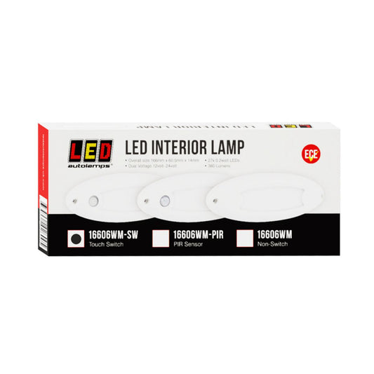 LED Autolamps Small Interior/Exterior Lamp with Aluminium Base and Touch Switch White Oval 240 Effective Lumens 166mm 10-30V 16606WM-SW