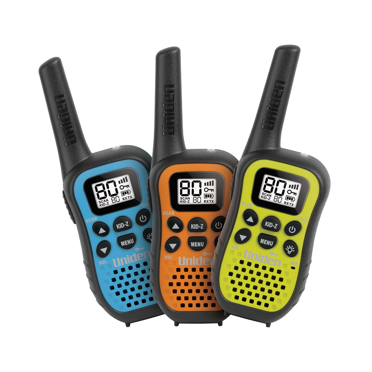 Uniden 80 Channel UHF CB Handheld Radio (Walkie-Talkie) With Kid Zone Triple Colour Pack