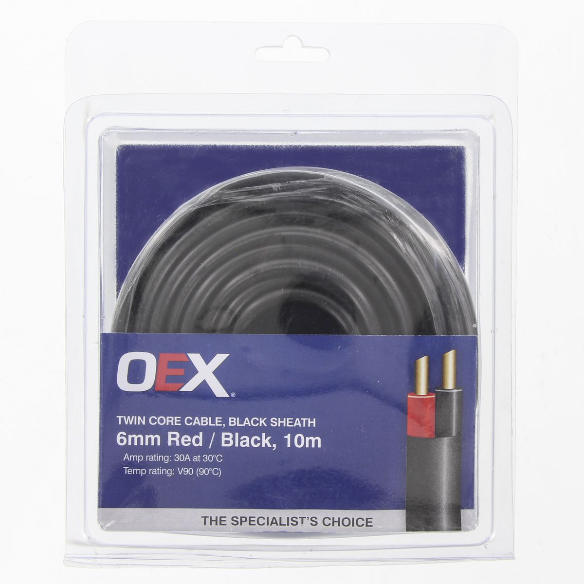 OEX Auto Cable 30A Twin Core 6mm x 10m Red/Black w/Black Sheath ACX0811-10BL