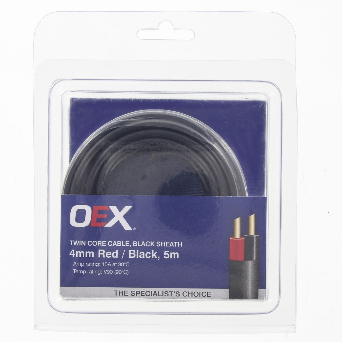 OEX Auto Cable 15A Twin Core 4mm x 5m Red/Black w/Black Sheath ACX0808-5BL