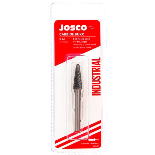 Josco 10mm x 27mm D-Cut Carbide Burr Ball Nosed Cone 14 Deg. inc. Angle JB1501