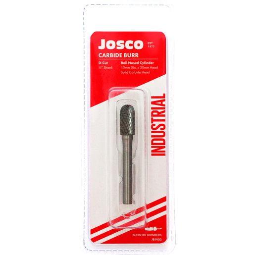 Josco 10mm x 20mm D-Cut Carbide Burr Ball Nosed Cylinder JB1403