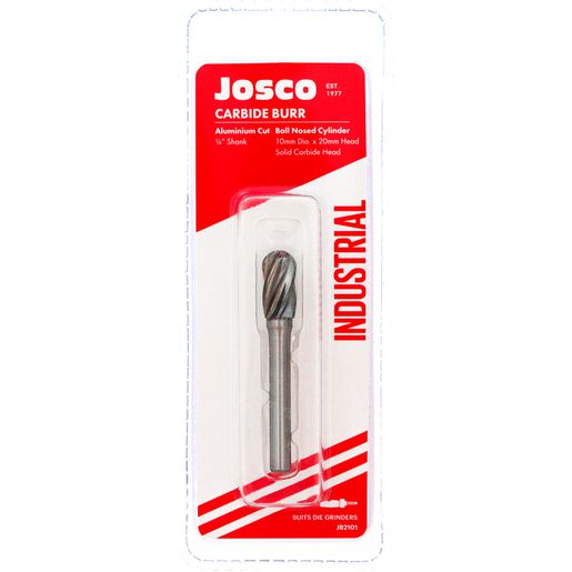 Josco 10mm x 20mm Aluminium Cut Carbide Burr Ball Nosed Cylinder JB2101