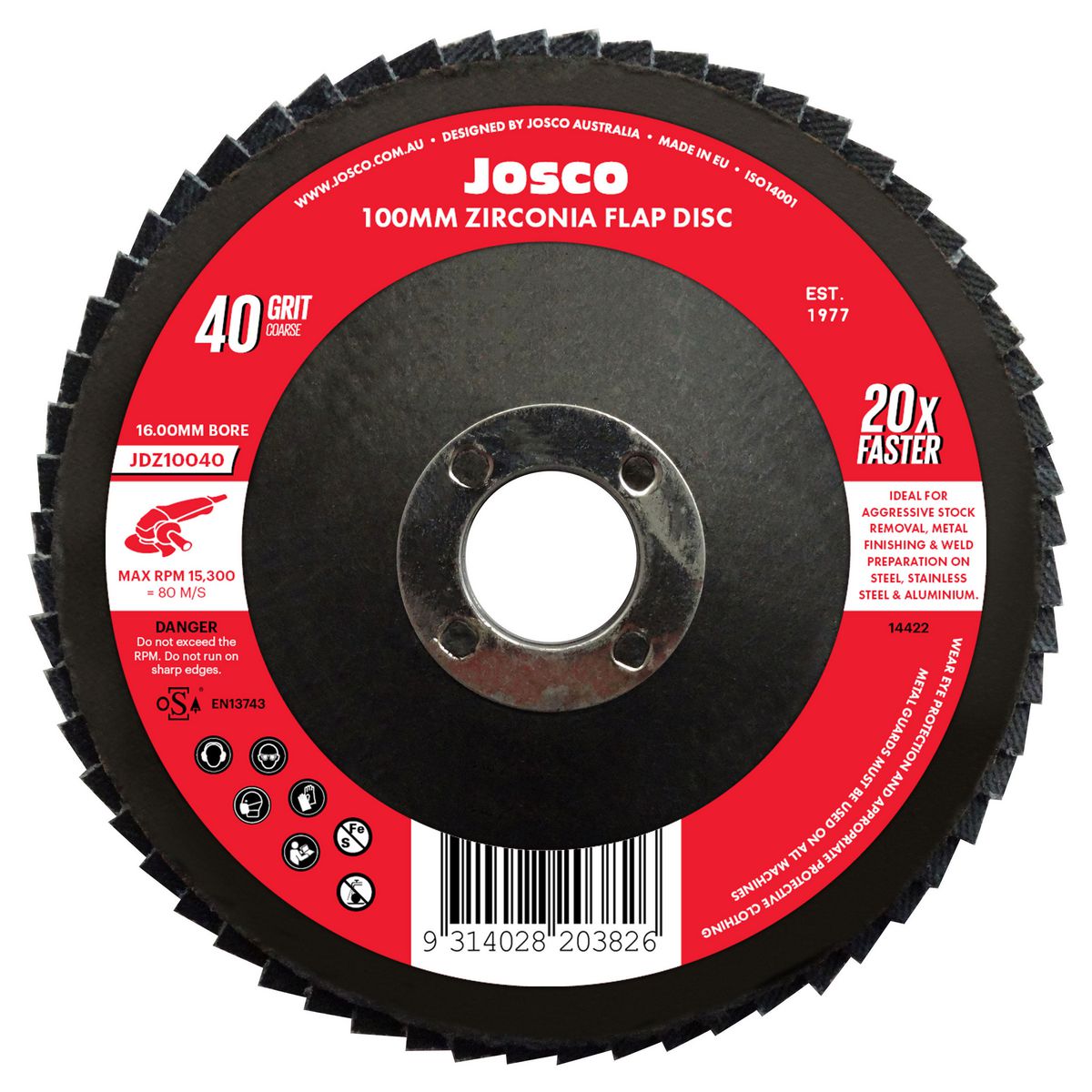 Josco Zirconia 100mm Flap Disc 40 Grit JDZ10040