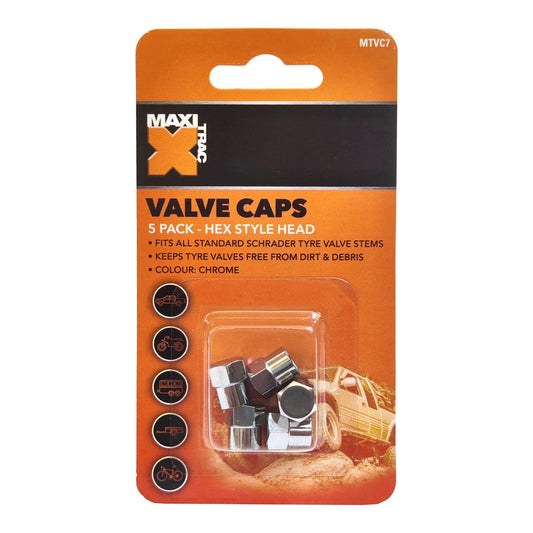 Maxi Trac Hexagon Chrome Valve Caps 5 Pack MTVC7