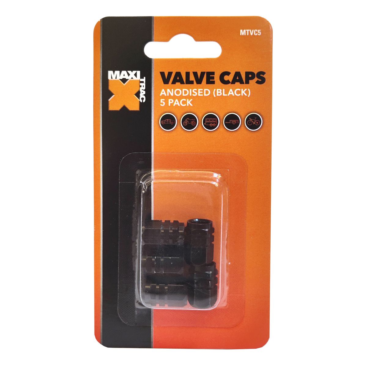 Maxi Trac Anodised Hex Black Valve Caps 5 Pack MTVC5