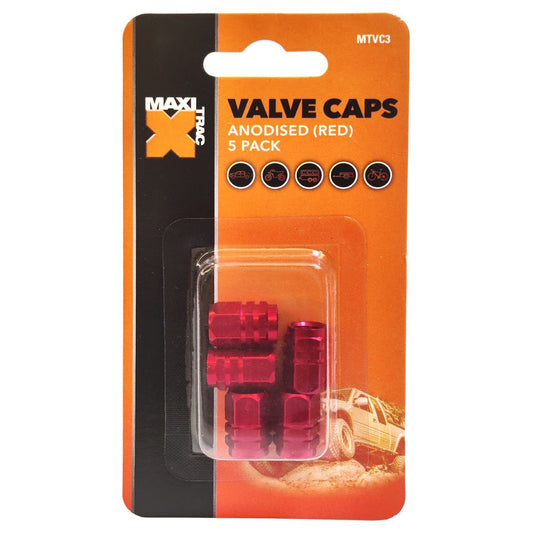 Maxi Trac Anodised Hex Red Valve Caps 5 Pack MTVC3