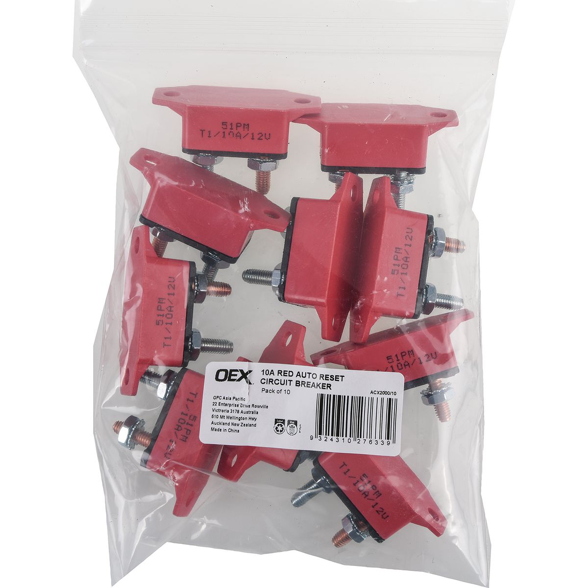 OEX 10A Red Auto Reset Circuit Breaker - Pack Of 10 ACX2000/10