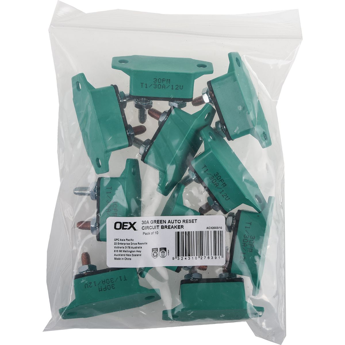 OEX 30A Green Auto Reset Circuit Breaker - Pack Of 10 ACX2003/10
