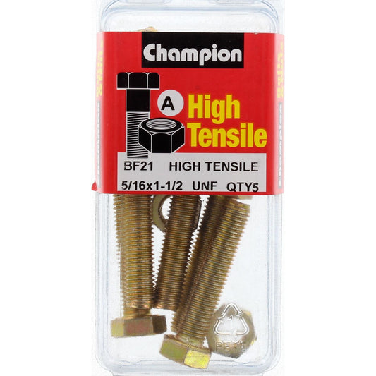 Champion Hex Nut & Screw Set 5/16"" x 1-1/2"" UNF High Tensile 10Pk BF21