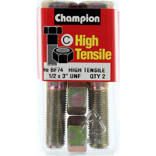 Champion Hex Nut & Bolt Set 1/2"" x 3"" UNF High Tensile 4Pk BF74