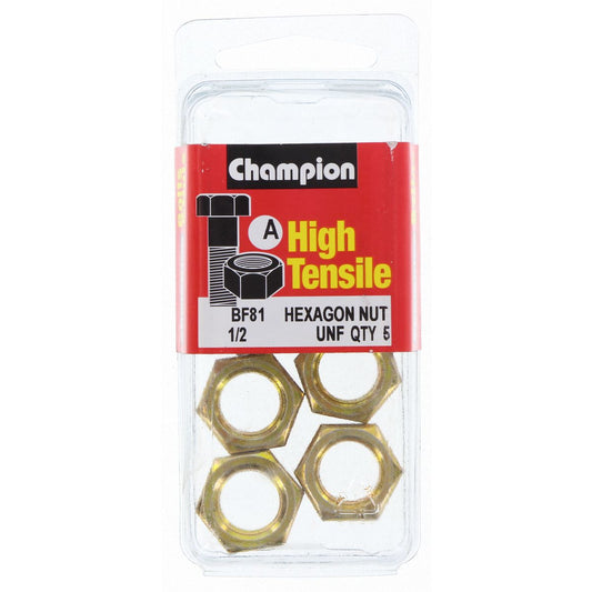 Champion Hex Nut Pack Plain UNF 1/2"" 5Pk BF81
