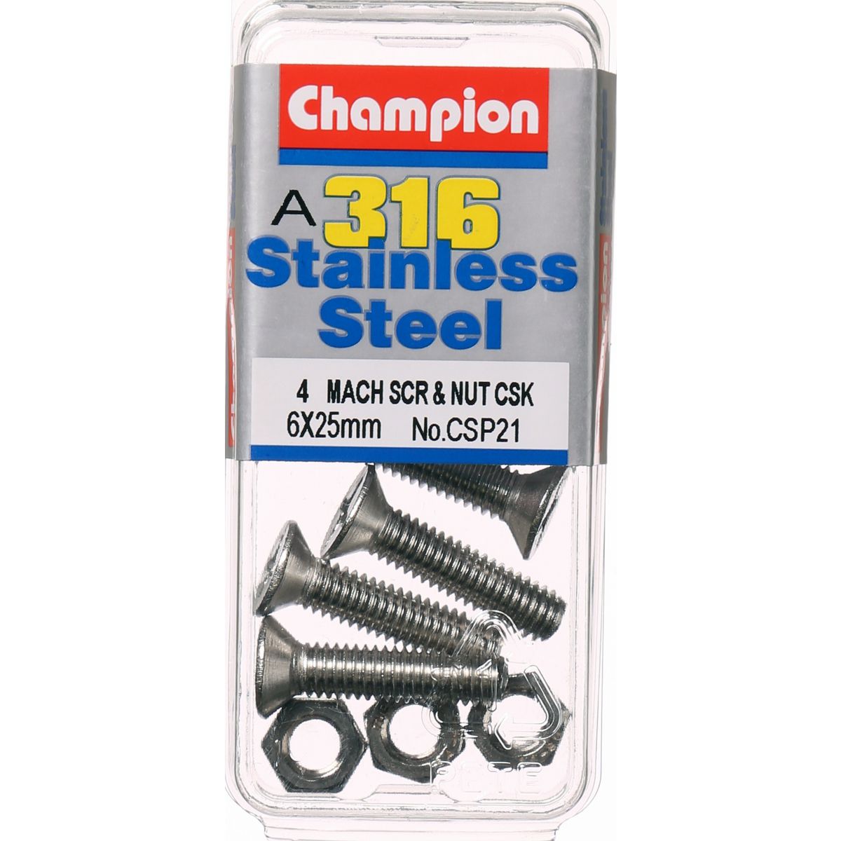 Champion Stainless Machine Screw & Nut CSK Phillips M6x25mm & M6x1.00mm-316/A4 8Pk CSP21