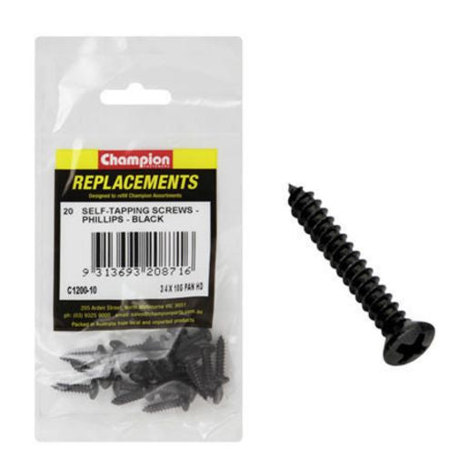 Champion Black Screw Self Tapp Panhead Phillips 4.8 x 19mm 20Pk C1200-10