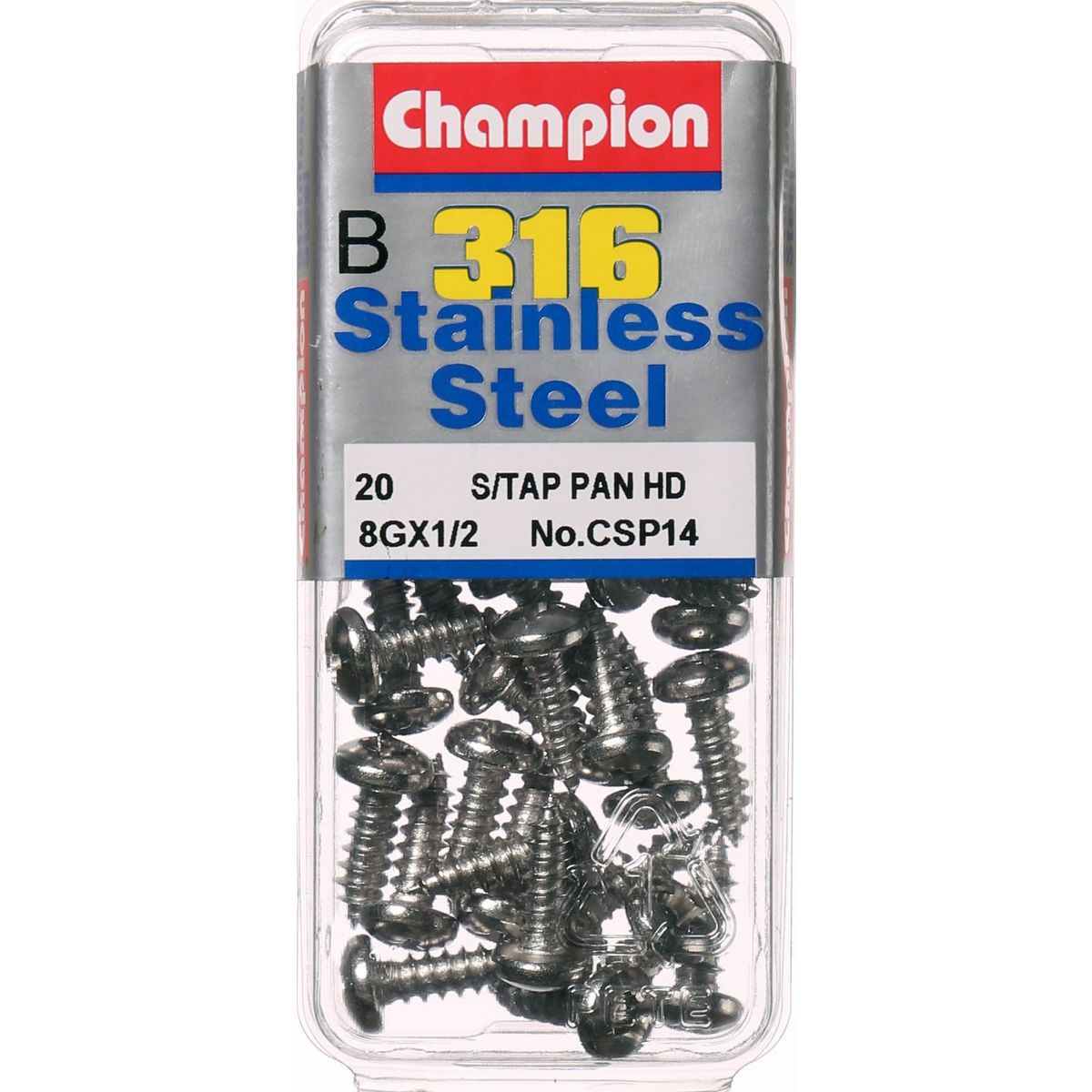 Champion Stainless Steel Screw Self Tapp Panhead Phillips 4.2x13mm-316/A4 20Pk CSP14