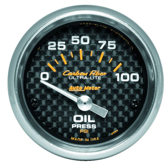 Autometer Carbon Fiber 2-1/16in Oil Pressure Gauge 0-100PSI Short Sweep Electric AU4727