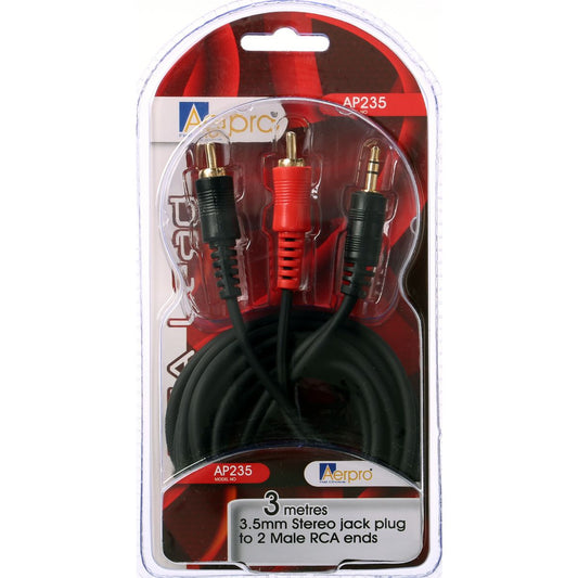 Aerpro 3.5mm Stereo Jack To 2 Male RCA 3 Metre
