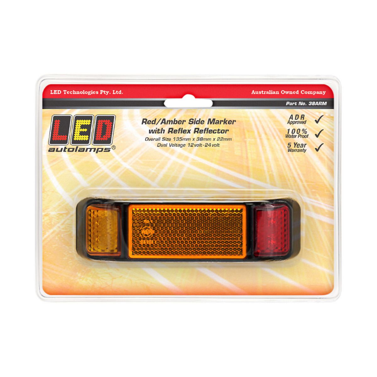 LED Autolamps Side Marker with Reflector Red/Amber 135x38x22mm 12-24V 38ARM