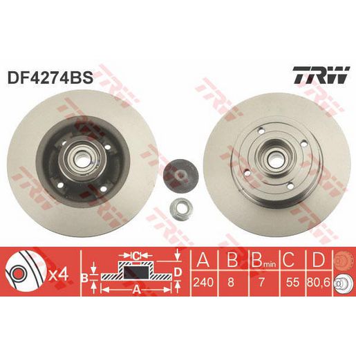 TRW Brake Rotor 240mm Rear DF4274BS
