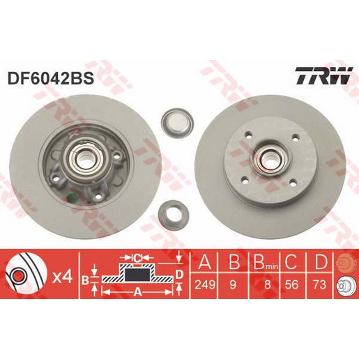 TRW Brake Rotor 249mm Rear DF6042BS