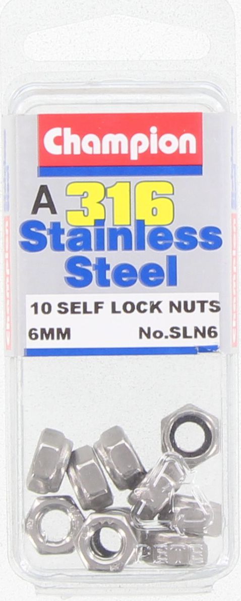 Champion Self Locking Hex Nut Nylon Stainless M6 x 1.00mm 10Pk SLN6