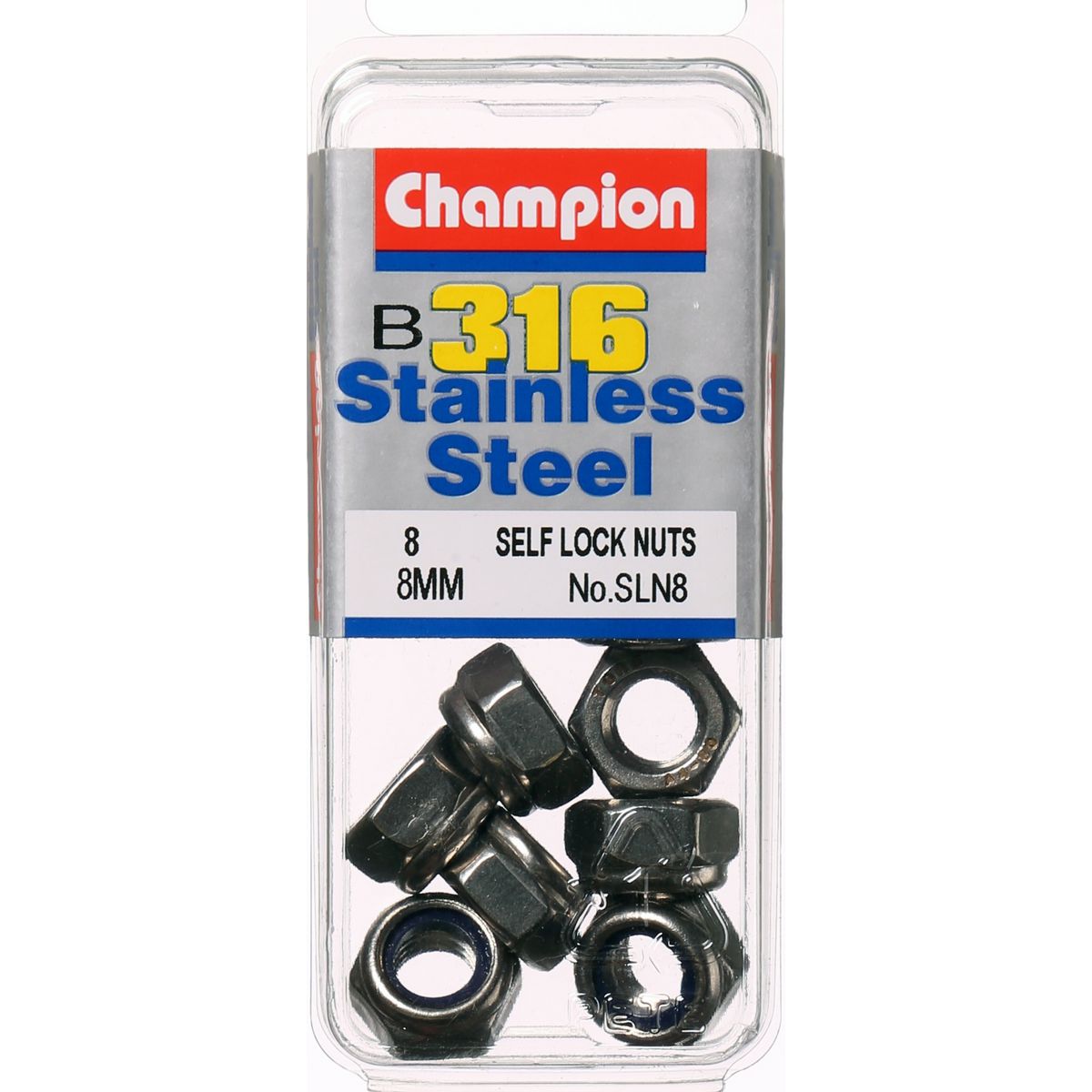 Champion Self Locking Hex Nut Nylon Stainless M8 x 1.25mm 8Pk SLN8