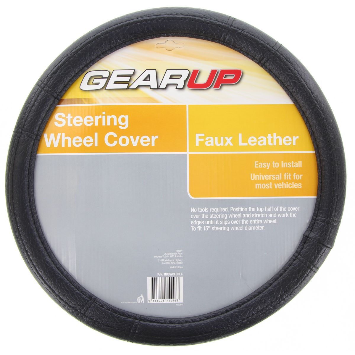 Gearup Steering Wheel Cover 15"" Faux Leather Black GUSWCFLBLK