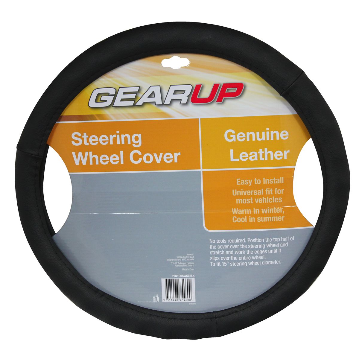 Gearup Steering Wheel Cover 15"" Leather Black GUSWCLBLK