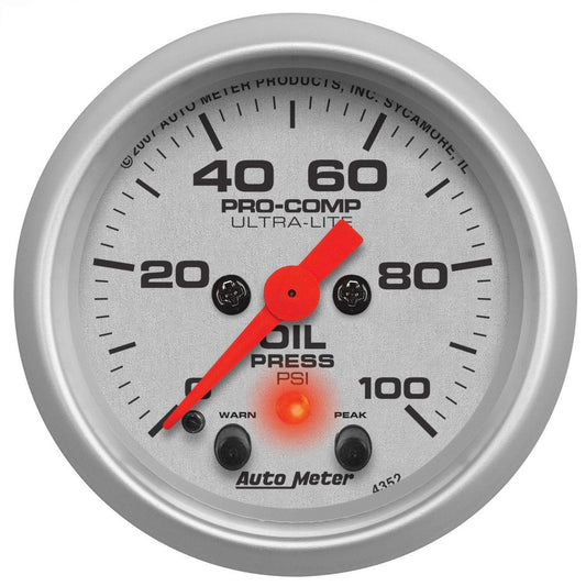 Autometer Ultra-Lite 2-1/16in Oil Pressure Gauge 0-100 PSI Full Sweep Electric w/Peak AU4352