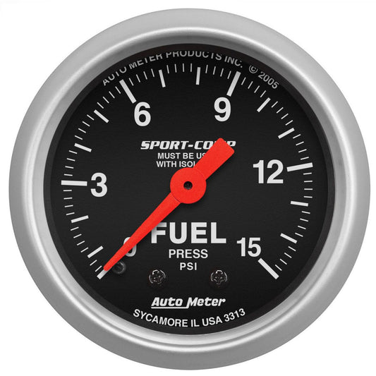 Autometer Sport-Comp 2-1/16in Fuel Pressure Gauge 0-15 PSI Mechanical w/Isolator AU3313