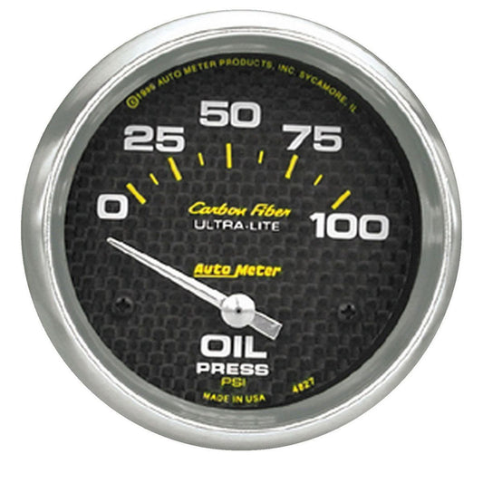 Autometer Carbon Fiber 2-5/8in Oil Pressure Gauge 0-100PSI Short Sweep Electric AU4827