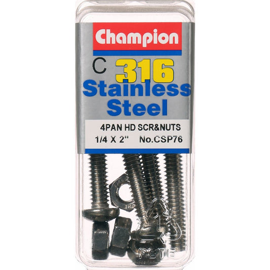 Champion Stainless Machine Screw & Nut Panhead Phillips 1/4″ x 2″ 8Pk CSP76