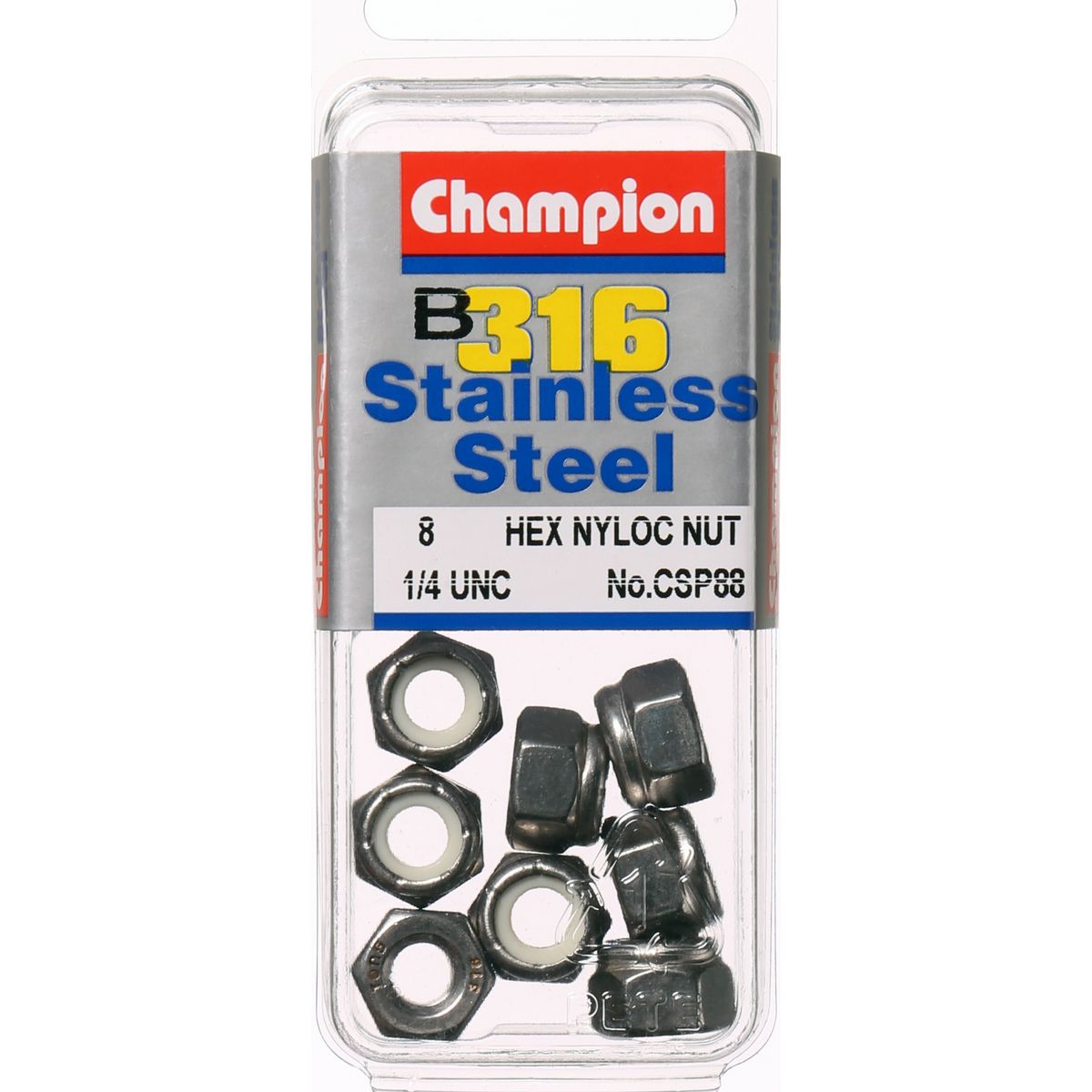 Champion Self Locking Hex Nut Nylon Stainless 1/4"" UNC 8Pk CSP88