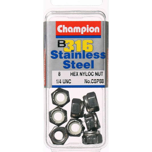Champion Self Locking Hex Nut Nylon Stainless 1/4"" UNC 8Pk CSP88