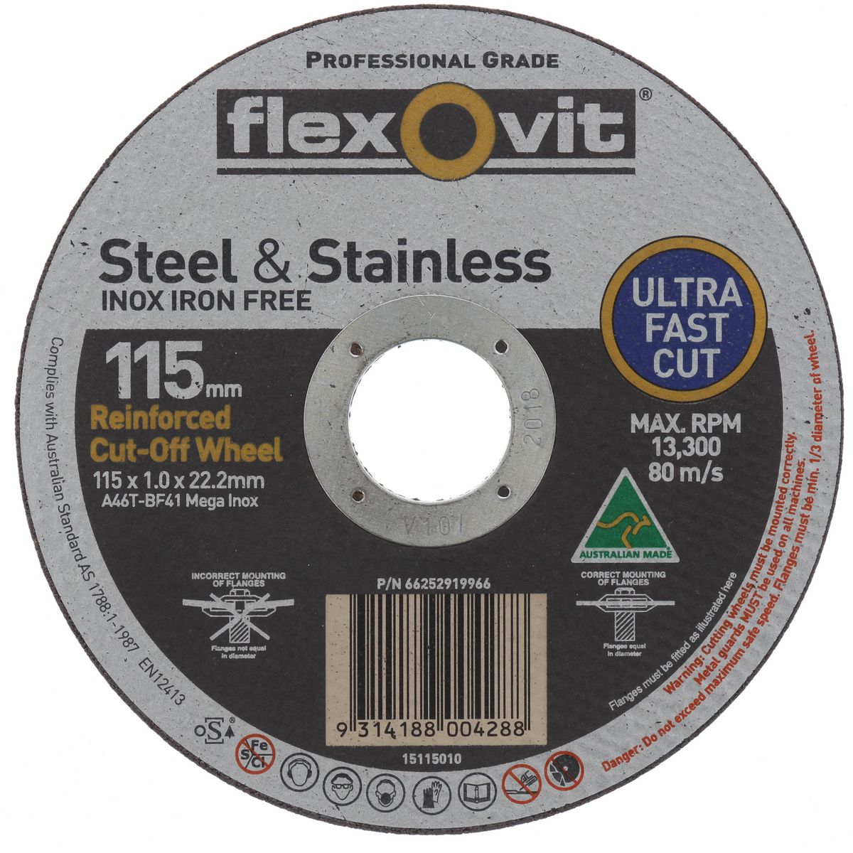 Flexovit Mega Inox Ultra Thin Reinforced Cut Off Wheel S/S A46T 115x1x22.2mm 66252919966