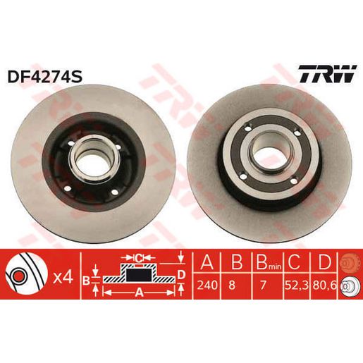 TRW Brake Rotor 240mm Rear DF4274S