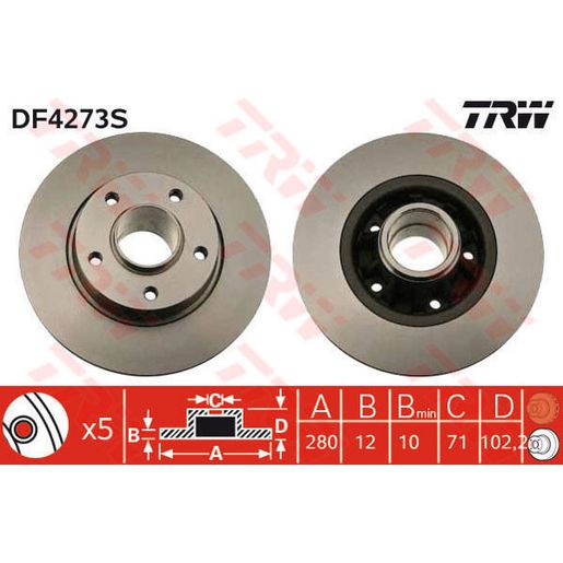 TRW Brake Rotor 280mm Rear DF4273S