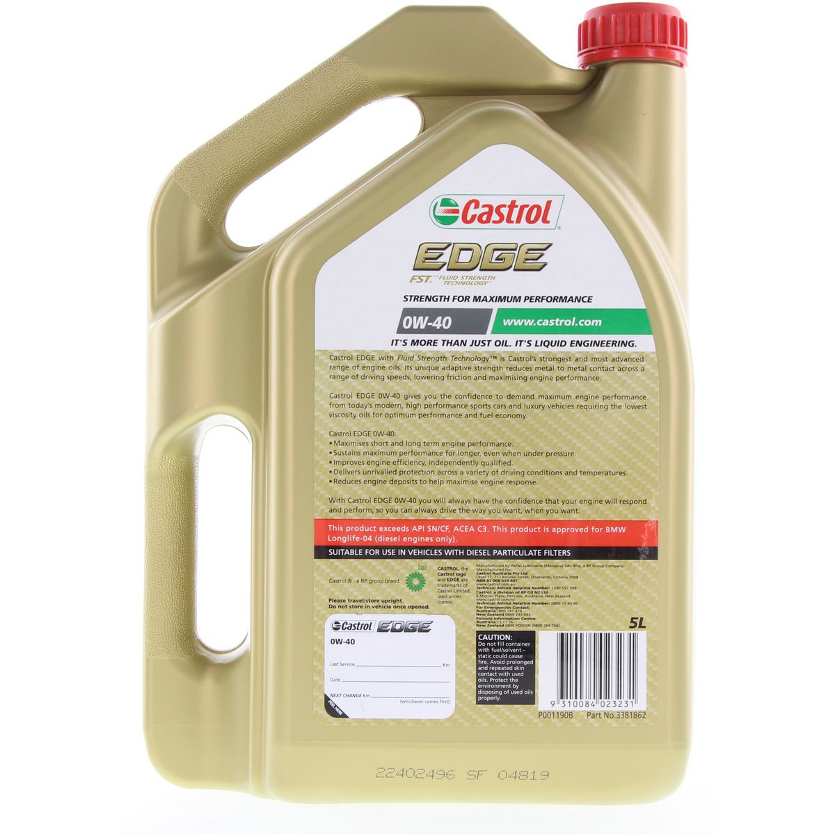 Castrol EDGE Full Synthetic 0W40 Diesel Engine Oil 5L 3381862