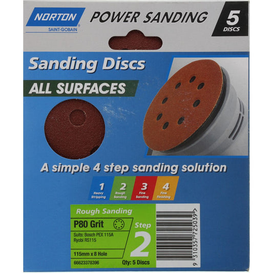 Flexovit Orbital Speed-Grip Sanding Disc All Surface 8-Hole 80G Medium 115mm 5Pk 66623378396