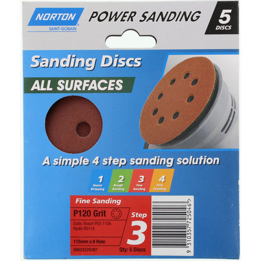 Flexovit Orbital Speed-Grip Sanding Disc All Surface 8-Hole 120G Fine 115mm 5Pk 66623378397