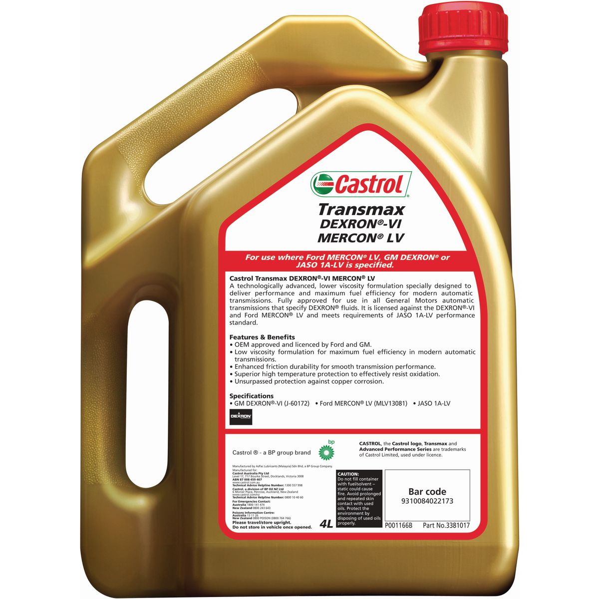Castrol Transmax Automatic Transmission Fluid DEXRON-VI LV 4L 3381017