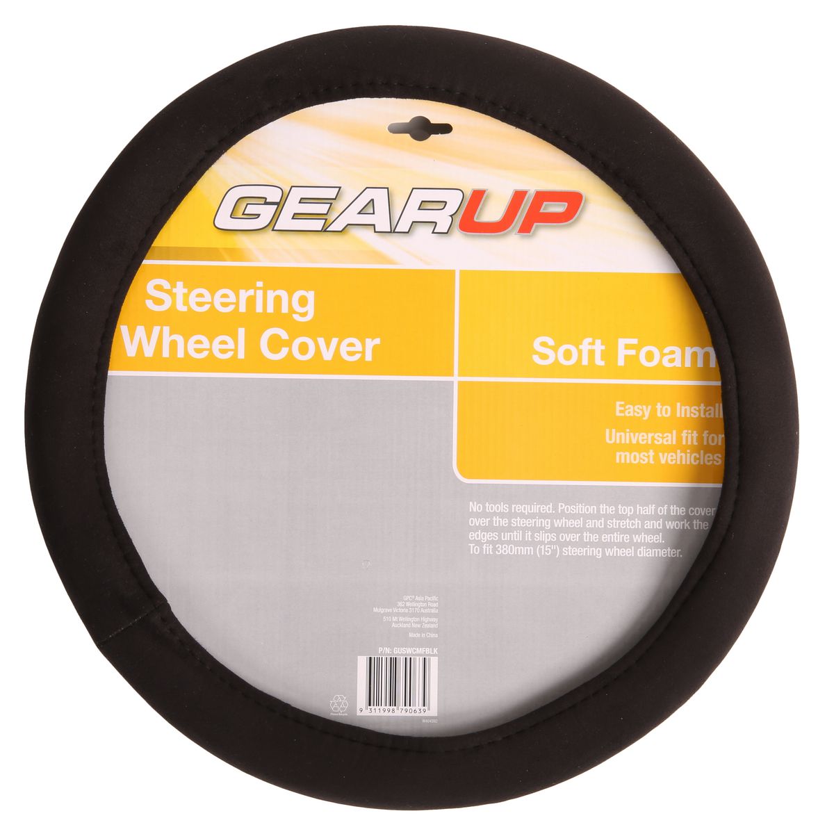 Gearup Steering Wheel Cover 15"" Soft Foam Black GUSWCMFBLK