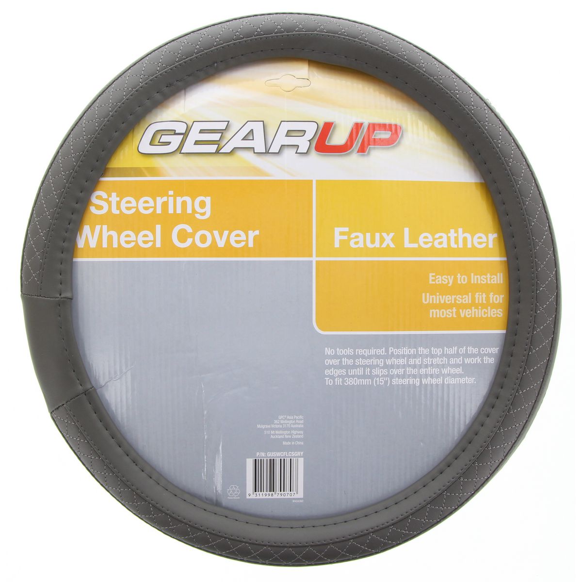 Gearup Steering Wheel Cover 15"" Faux Leather Grey GUSWCFLCSGRY