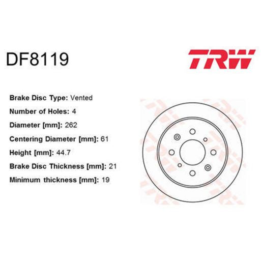 TRW Brake Rotor Single 262mm Front DF8119S