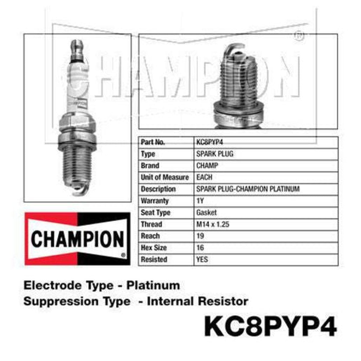 Champion Platinum Spark Plug KC8PYP4