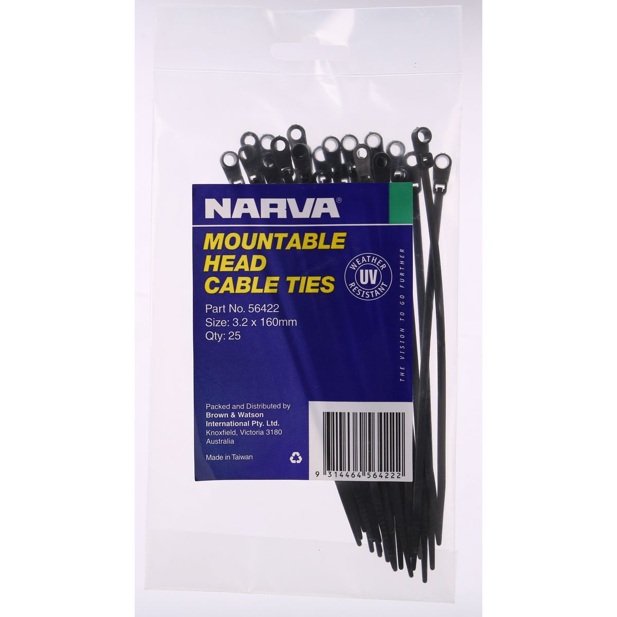 Narva Mountable Head Cable Tie 3.2x160mm (25Pk) 56422