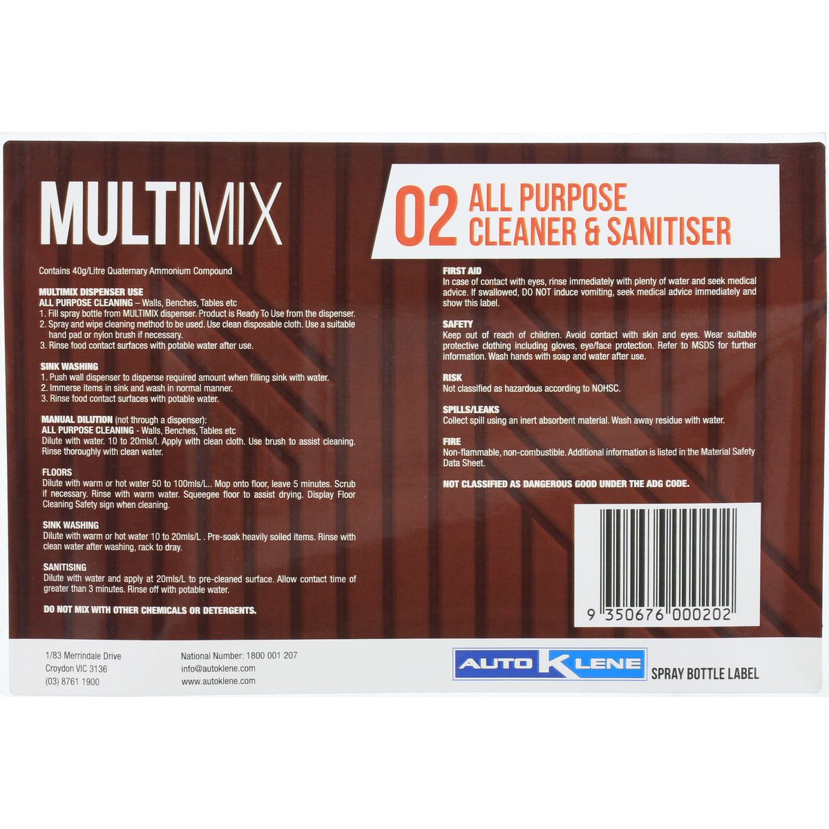 Auto Klene MultiMix 02 Spray Bottle Label MM2LABEL