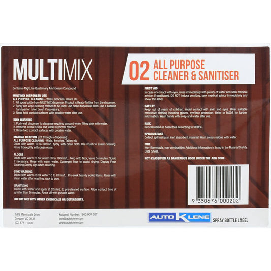 Auto Klene MultiMix 02 Spray Bottle Label MM2LABEL