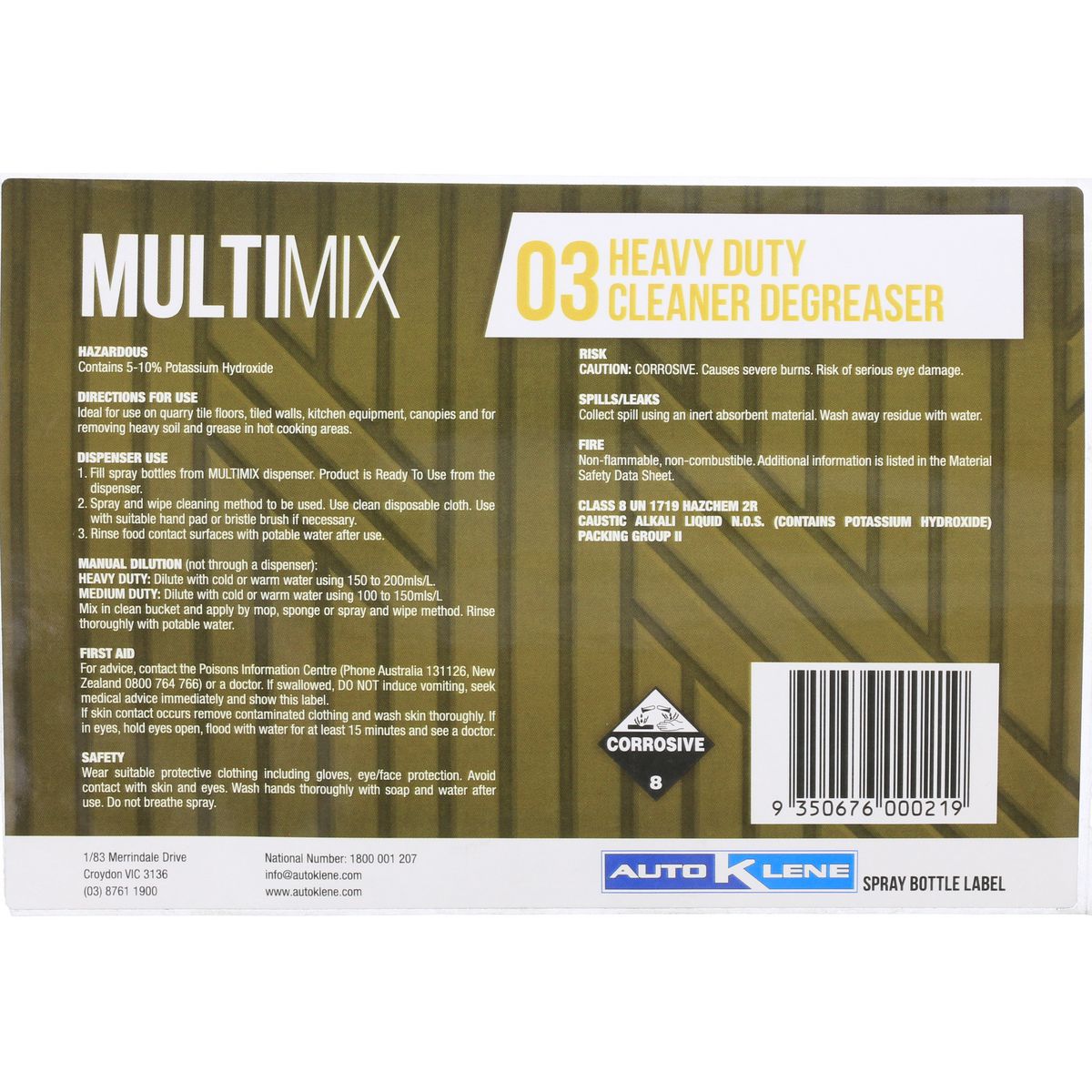 Auto Klene MultiMix 03 Spray Bottle Label MM3LABEL