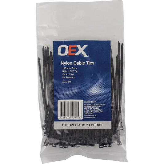 OEX Nylon Cable Ties 2.4mm x 100mm Black 100 Pack ACX1315